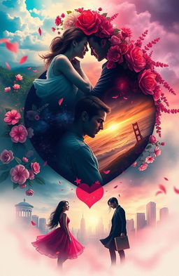 An artistic representation of three interconnected love triangles, each symbolizing the evolution of love and relationships through vibrant imagery