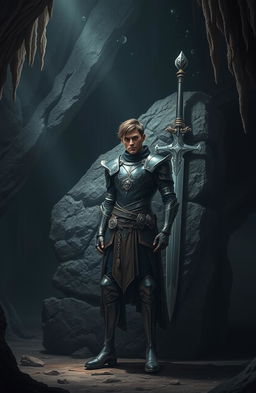 A modern-day interpretation of Mordred, the anti-hero from Arthurian legend, exuding an aura of powerful magic
