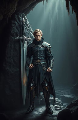 A modern-day interpretation of Mordred, the anti-hero from Arthurian legend, exuding an aura of powerful magic