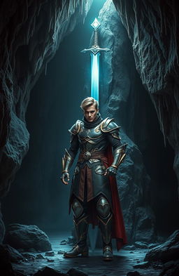 A modern-day interpretation of Mordred, the anti-hero from Arthurian legend, exuding an aura of powerful magic