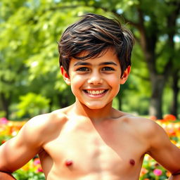 A young, charming boy with a muscular physique, showcasing his strength and vitality, with an infectious smile and bright eyes