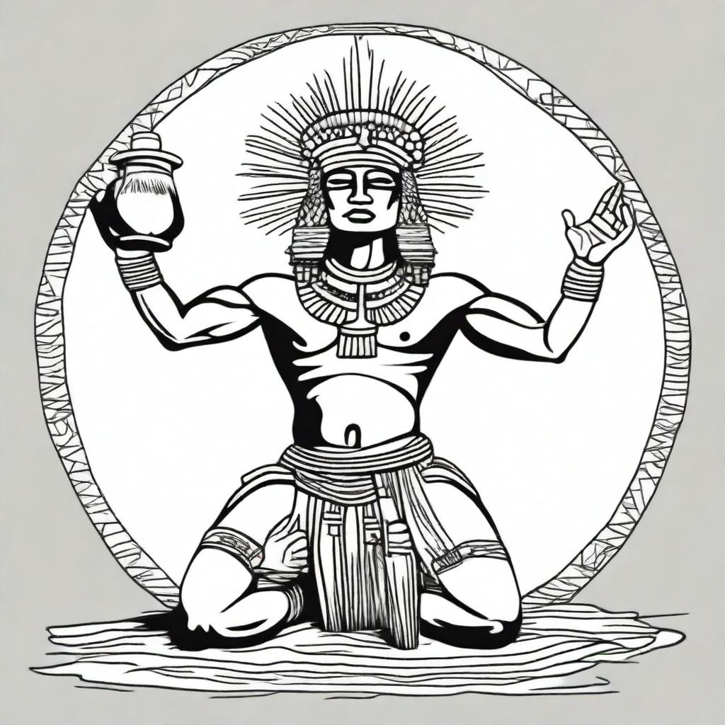 A full drawing of a kneeling Aztec man, with arms raised holding a jar filled with incense.