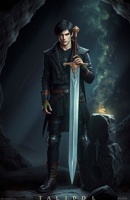 A modern day interpretation of Mordred from Arthurian legend, depicted as a brooding anti-hero with an aura of powerful magic