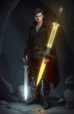 A modern day interpretation of Mordred from Arthurian legend, depicted as a brooding anti-hero with an aura of powerful magic
