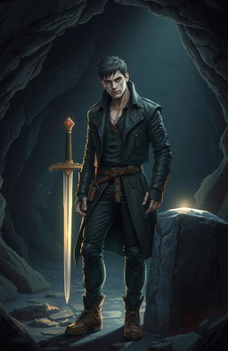 A modern day interpretation of Mordred from Arthurian legend, depicted as a brooding anti-hero with an aura of powerful magic