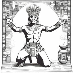 A full drawing of a kneeling Aztec man, with arms raised holding a jar filled with incense.