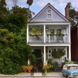 A small, charming house with a front area bustling with various types of vehicles.