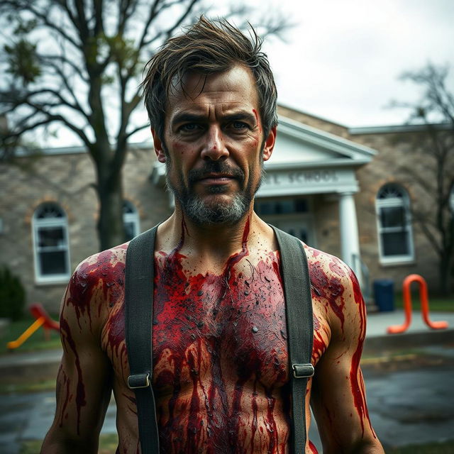 A man covered in blood standing in front of an elementary school building