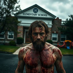 A man covered in blood standing in front of an elementary school building