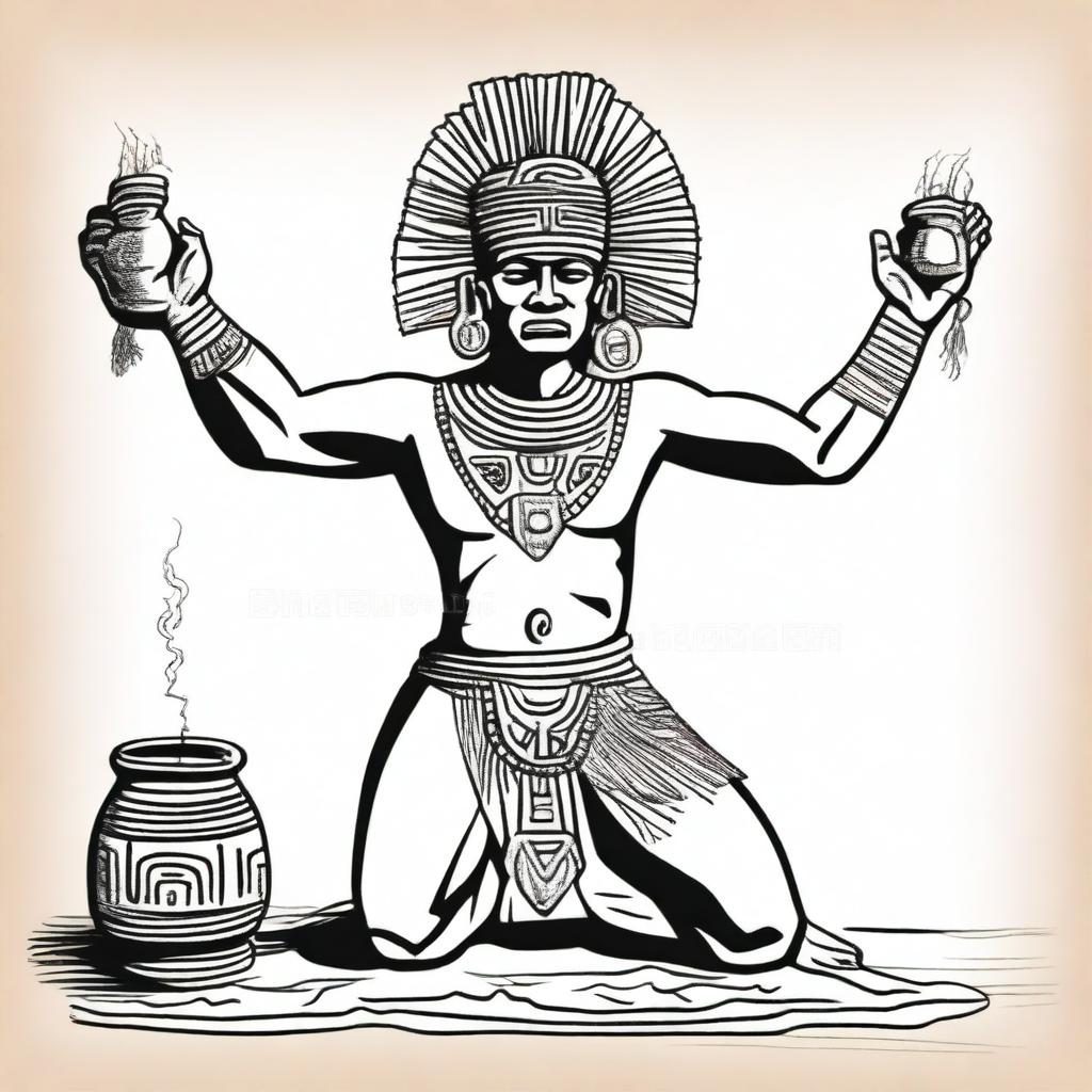 A full drawing of a kneeling Aztec man, with arms raised holding a jar filled with incense.