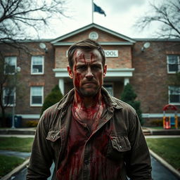 A man covered in blood standing in front of an elementary school building