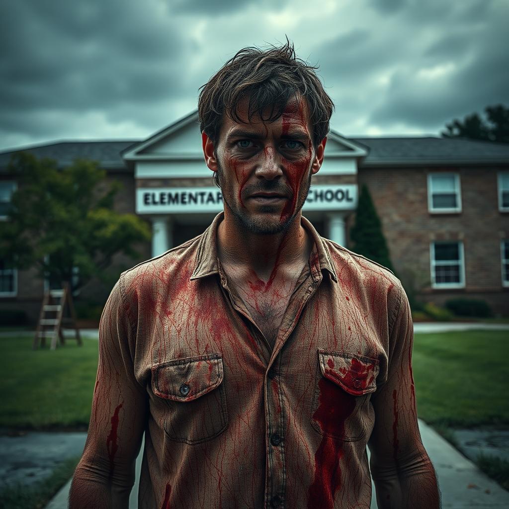 A man covered in blood standing in front of an elementary school building