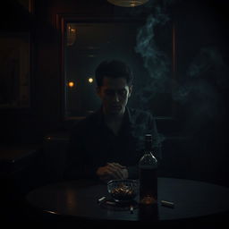 A dimly lit, smoke-filled bar with a dark and heavy atmosphere