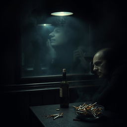 A dimly lit, smoke-filled bar with a dark and heavy atmosphere