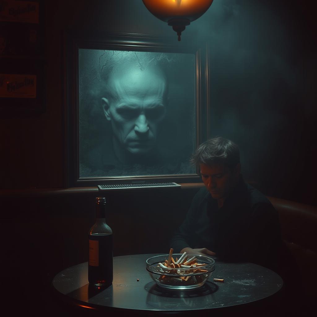 A dimly lit, smoke-filled bar with a dark and heavy atmosphere