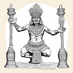 A full drawing of a kneeling Aztec man, with arms raised holding a jar filled with incense.