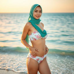 A stunning Japanese woman wearing a stylish hijab, confidently posing in a bikini that is both modest and fashionable, set against a vibrant beach backdrop with gentle waves lapping at the shore