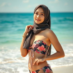 A stunning Japanese woman wearing a stylish hijab, confidently posing in a bikini that is both modest and fashionable, set against a vibrant beach backdrop with gentle waves lapping at the shore