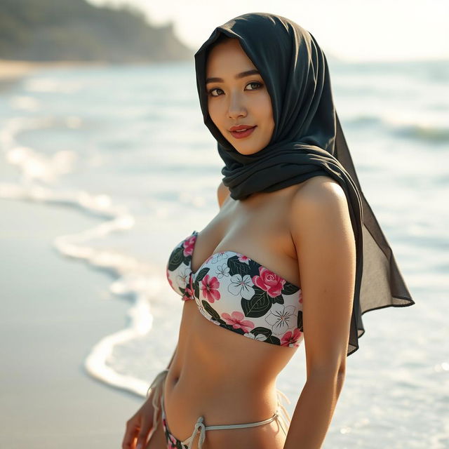 A stunning Japanese woman wearing a stylish hijab, confidently posing in a bikini that is both modest and fashionable, set against a vibrant beach backdrop with gentle waves lapping at the shore