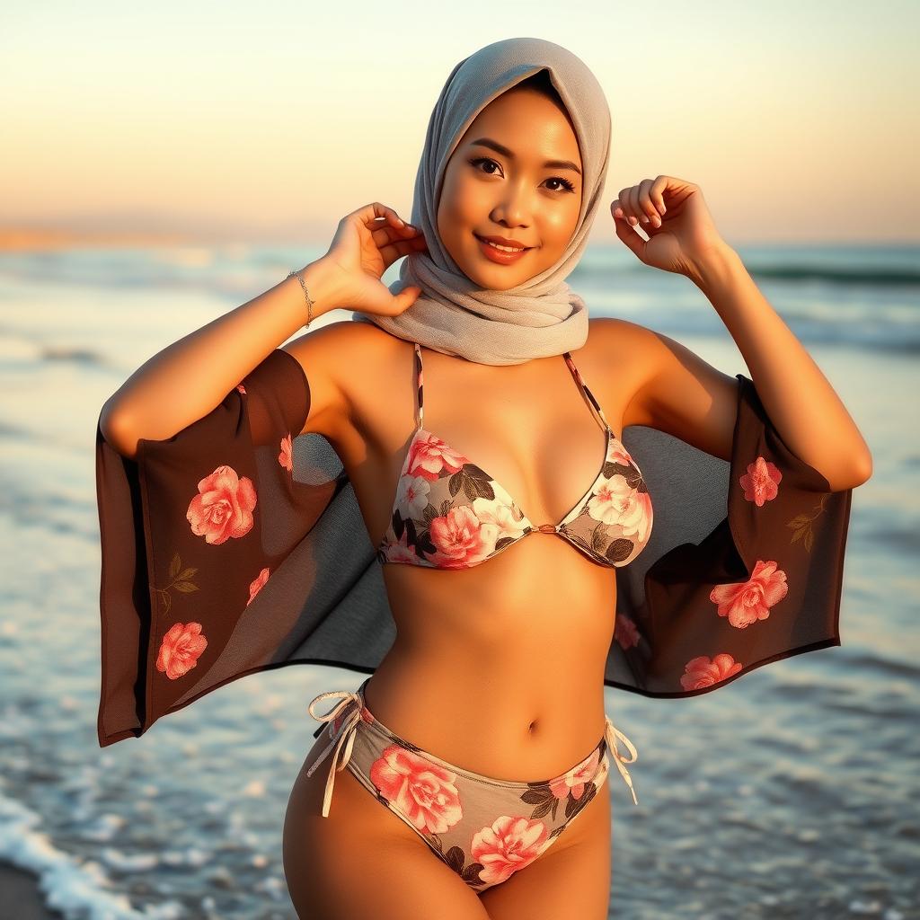 A stunning Japanese woman wearing a stylish hijab, confidently posing in a bikini that is both modest and fashionable, set against a vibrant beach backdrop with gentle waves lapping at the shore