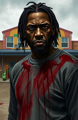 A realistic depiction of a black man covered in blood standing in front of an elementary school building