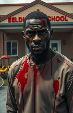 A realistic depiction of a black man covered in blood standing in front of an elementary school building