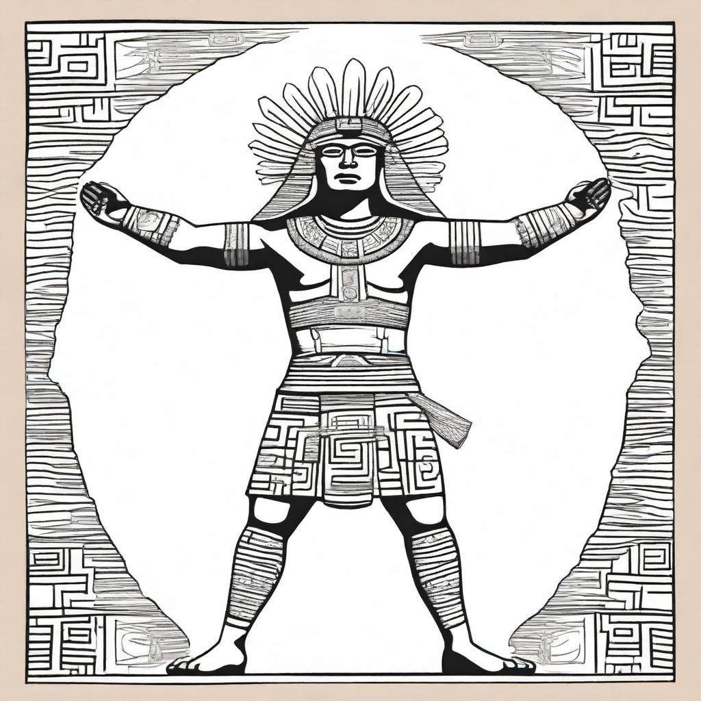 A full drawing of a kneeling Aztec man with his arms raised upwards.