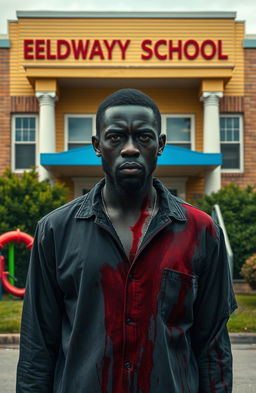 A realistic depiction of a black man covered in blood standing in front of an elementary school building