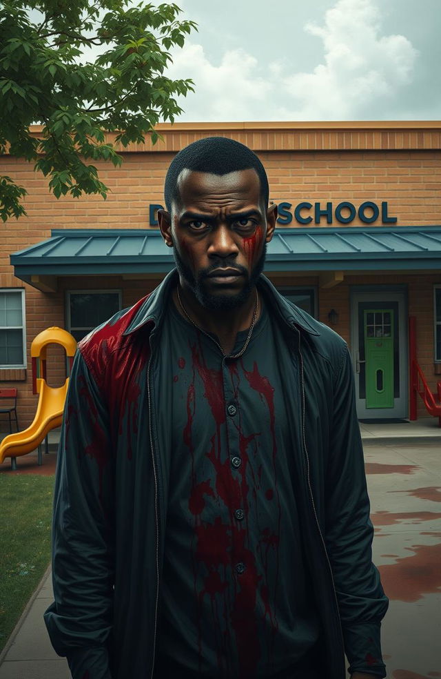 A realistic depiction of a black man covered in blood standing in front of an elementary school building