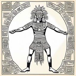 A full drawing of a kneeling Aztec man with his arms raised upwards.