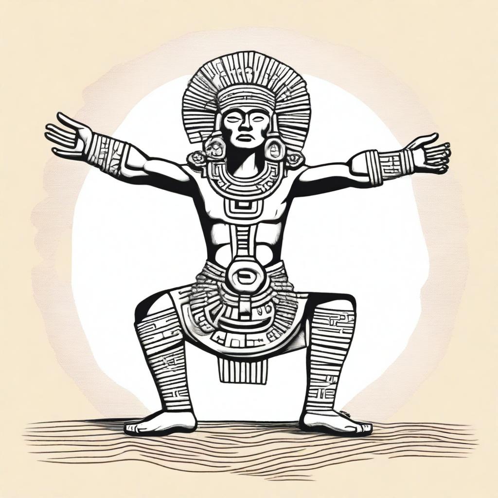 A full drawing of a kneeling Aztec man with his arms raised upwards.