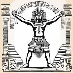 A full drawing of a kneeling Aztec man with his arms raised upwards.