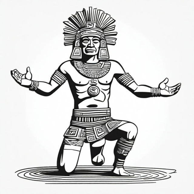 A complete drawing of a kneeling Aztec man raising his arms upwards, isolated with nothing around him.