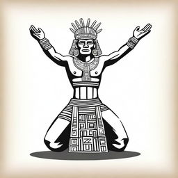 A complete drawing of a kneeling Aztec man raising his arms upwards, isolated with nothing around him.