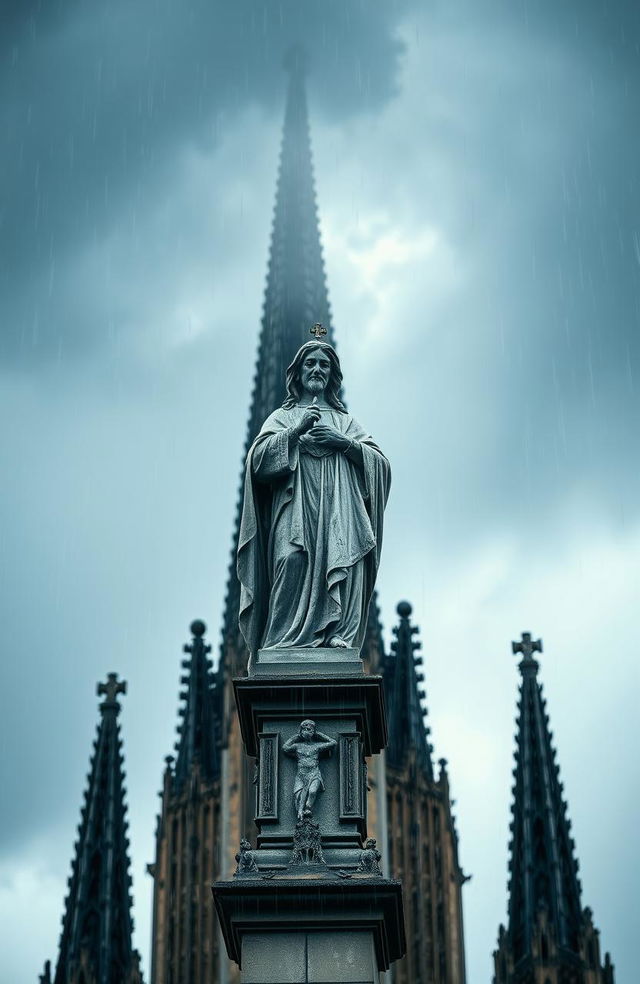 A dramatic perspective image of a saint statue at the top of a cathedral, under heavy rain