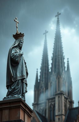A dramatic perspective image of a saint statue at the top of a cathedral, under heavy rain