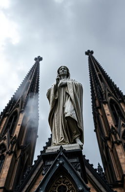 A dramatic perspective image of a saint statue at the top of a cathedral, under heavy rain