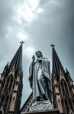 A dramatic perspective image of a saint statue at the top of a cathedral, under heavy rain