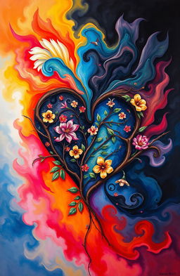 An abstract representation of the complexities of love, depicting intertwining emotions of pain and joy