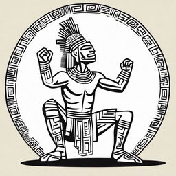 A complete drawing of a kneeling Aztec man raising his arms upwards, isolated with nothing around him.