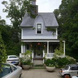 A small, charming house with a front area bustling with various types of vehicles.