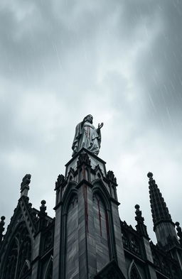 A dramatic perspective of a blood-stained statue of a saint perched atop a cathedral, set against a stormy sky with heavy rain pouring down