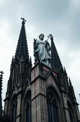 A dramatic perspective of a blood-stained statue of a saint perched atop a cathedral, set against a stormy sky with heavy rain pouring down