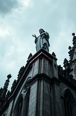 A dramatic perspective of a blood-stained statue of a saint perched atop a cathedral, set against a stormy sky with heavy rain pouring down