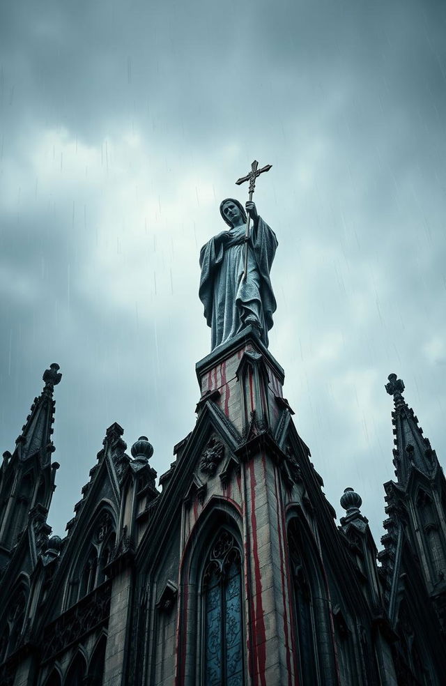 A dramatic perspective of a blood-stained statue of a saint perched atop a cathedral, set against a stormy sky with heavy rain pouring down