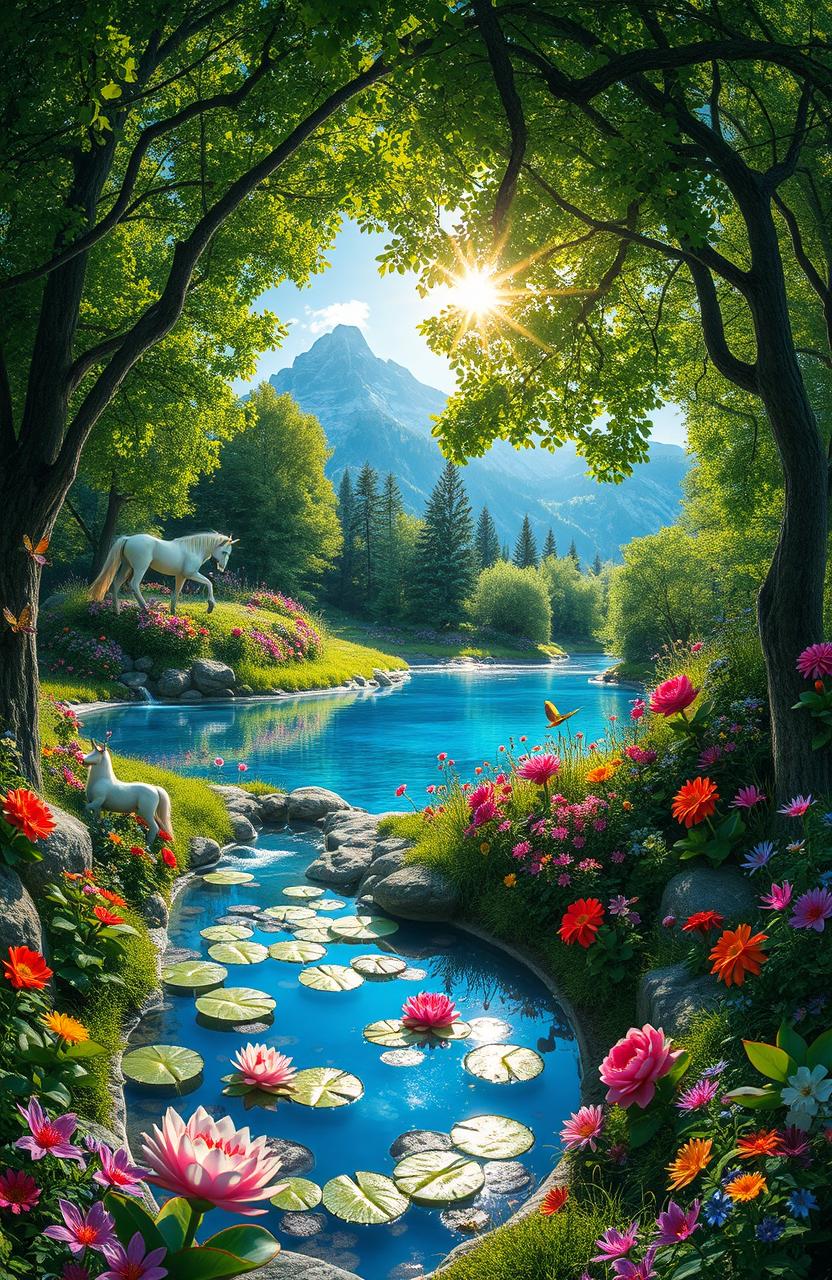 A vibrant and enchanting fantasy forest, filled with vividly colored flowers, shimmering streams, and mystical creatures like fairies and unicorns