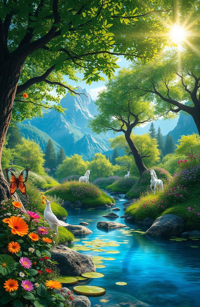 A vibrant and enchanting fantasy forest, filled with vividly colored flowers, shimmering streams, and mystical creatures like fairies and unicorns