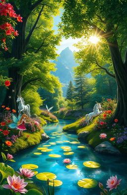 A vibrant and enchanting fantasy forest, filled with vividly colored flowers, shimmering streams, and mystical creatures like fairies and unicorns
