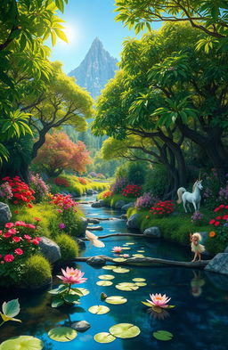 A vibrant and enchanting fantasy forest, filled with vividly colored flowers, shimmering streams, and mystical creatures like fairies and unicorns