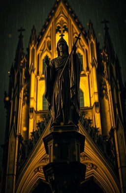 A dramatic perspective of a stained blood statue of a saint standing high atop a cathedral, under pouring rain at night